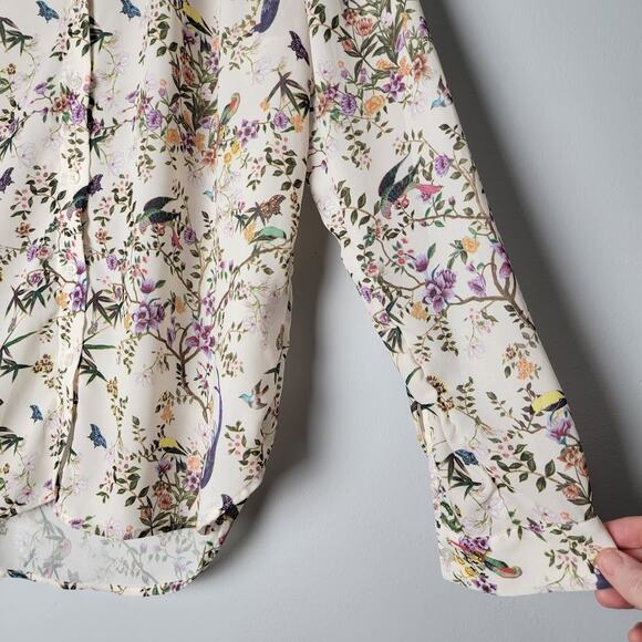 Bird Butterfly Floral Button Down Blouse 2 Long Sleeve Cottagecore Garden Top - Picture 3 of 10